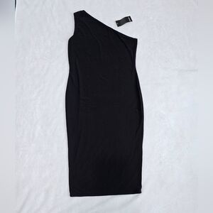 NWT Nasty Gal Black One-Shoulder Dress   Double Layer Slinky Midi Dress Size 12